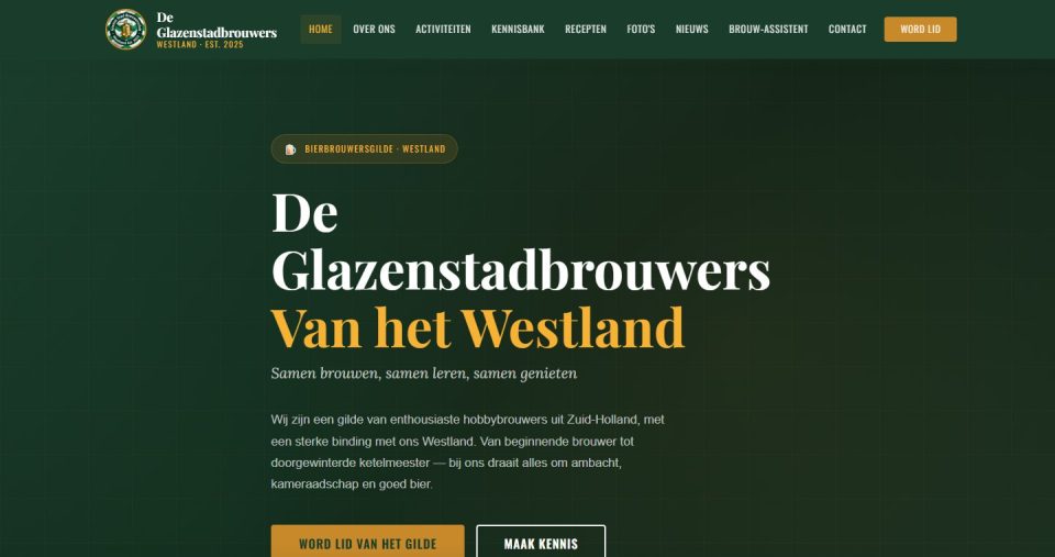 Schermafdruk van de homepage van De Glazenstadbrouwers (deglazenstadbrouwers.nl), september 2026